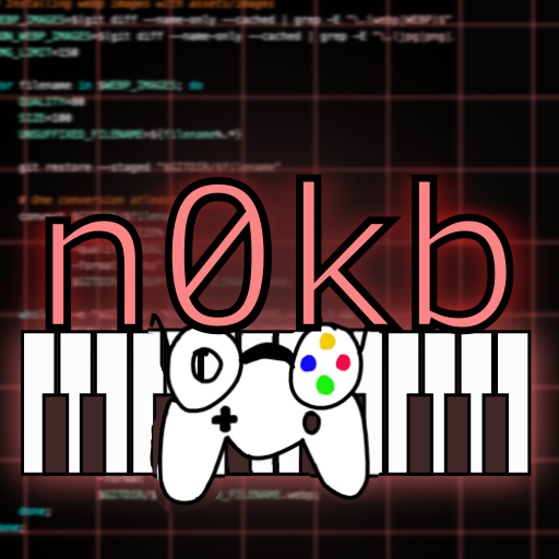 An image with n0kb in mixed red and black showing a piano at the bottom and blurred code in the background featuring an xbox controller